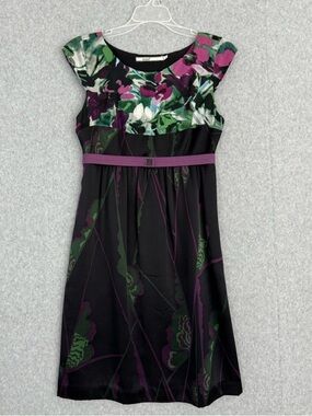 Mint Jodi Arnold Silk Dress Size 0 Black Floral Belted Cocktail Spring Wedding